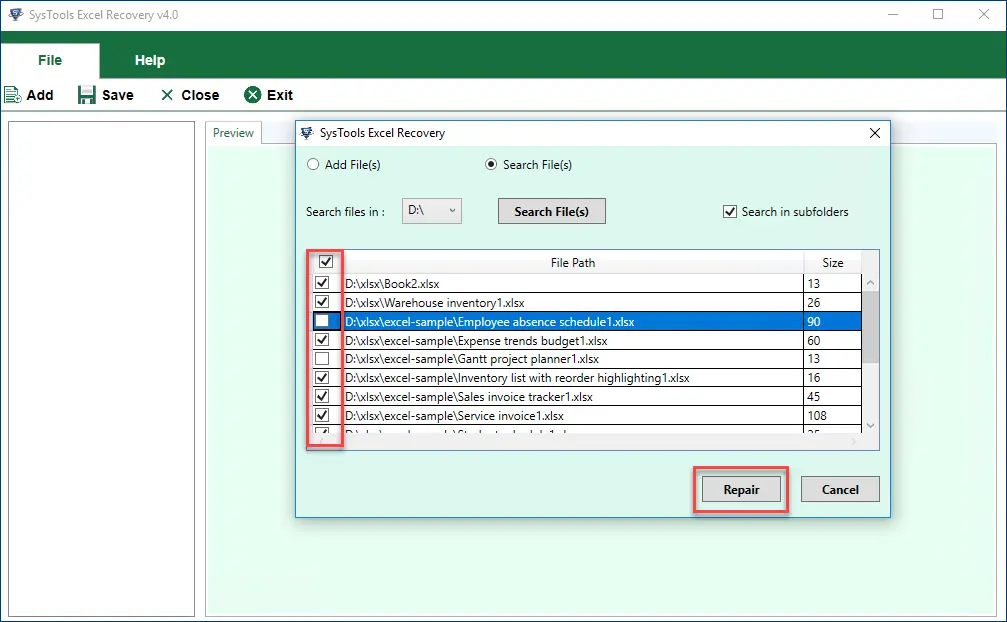 Browse and Select Excel file to recover data