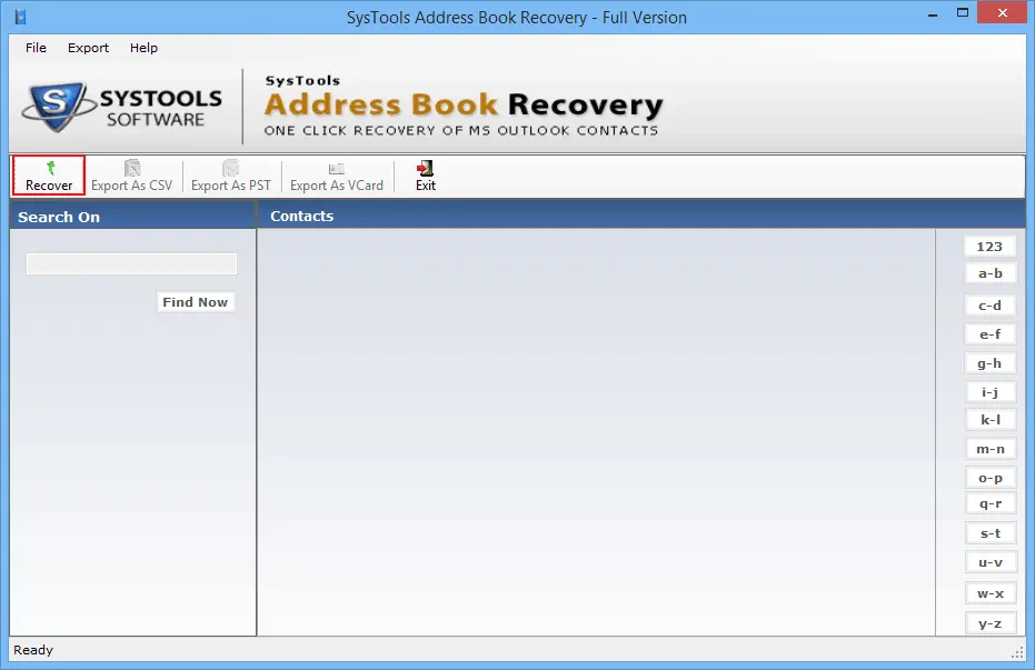 Click on 'Recover' button to select corrupt address book file.