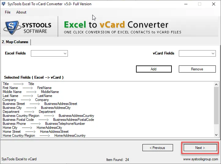 Transfer Excel file contacts to vCard format