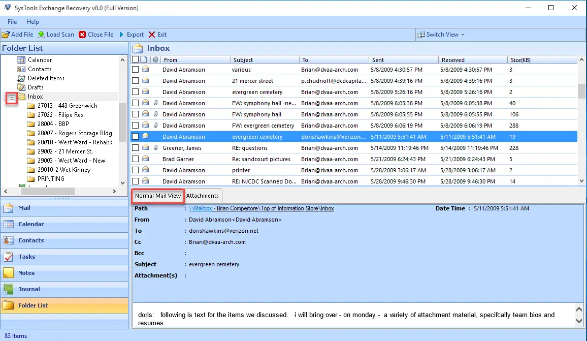 Select Exchange server database file to recover