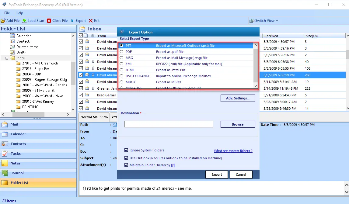 Show preview of recovered exchange server database files
