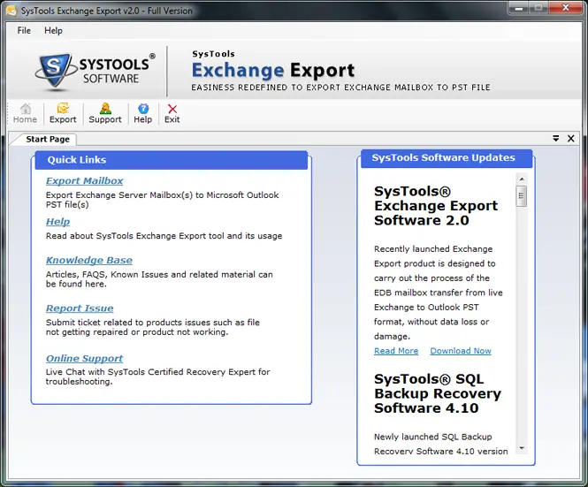Export Exchange Server vers le format PST - Écrans d'accueil 