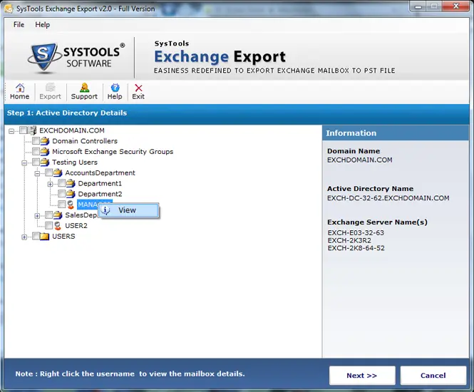 Seleziona i dati di Exchange Server da esportare