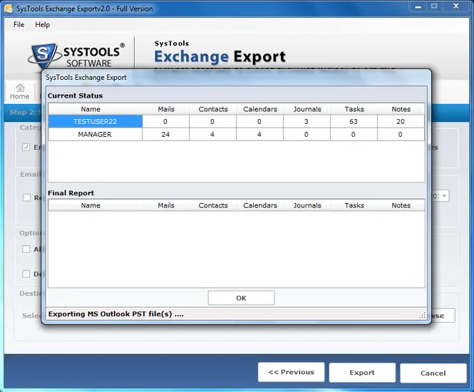 Fare clic sul pulsante Esporta per esportare i dati del server di Exchange nel file PST di Outlook