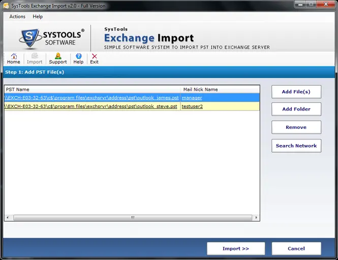 Click Import button to import PST file to Exchange server