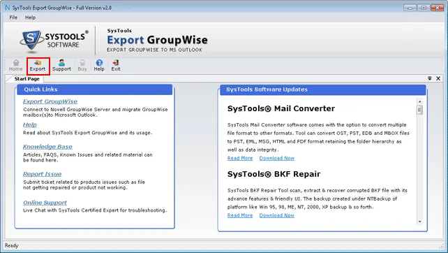 Groupwise zu Outlook PST-Konverter-Software - Home-Bildschirm 