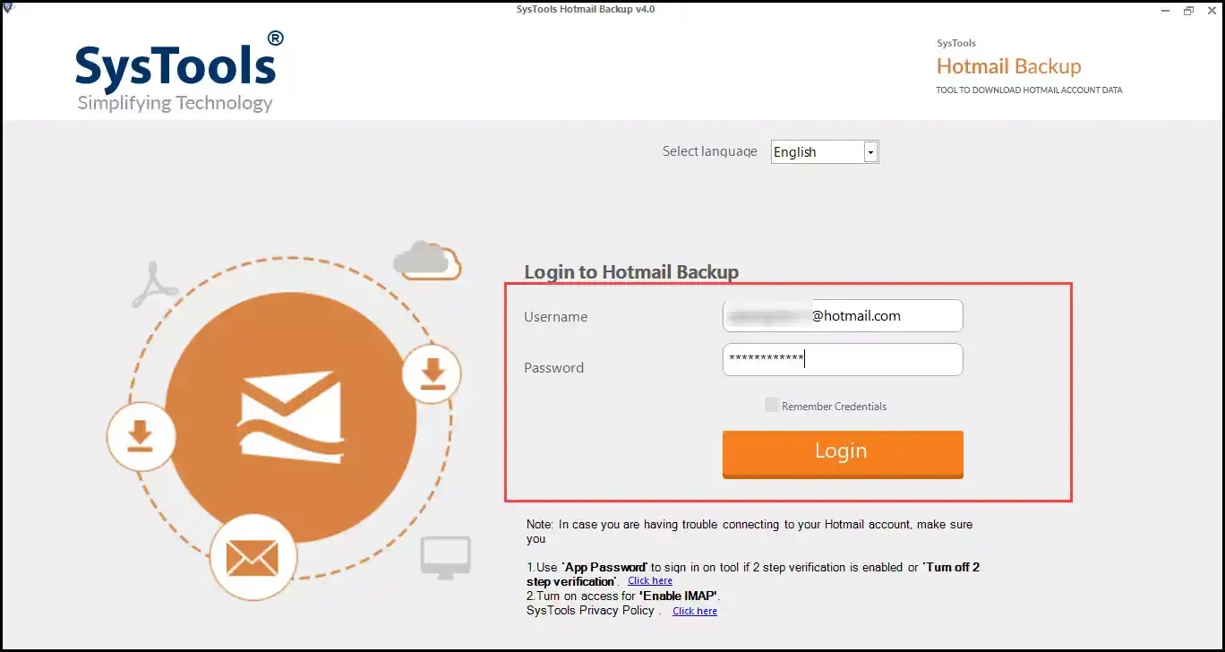 Hotmail Backup Tool - Home Screens