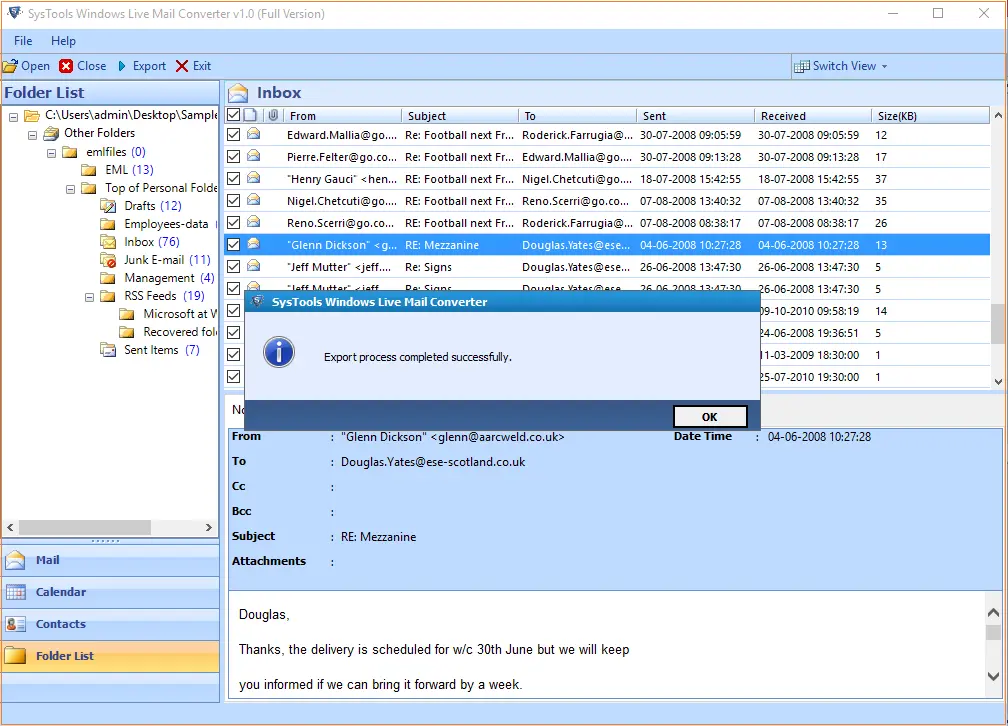 Konvertieren von Windows Live Mail an das PST-Dateiformat erfolgreich 