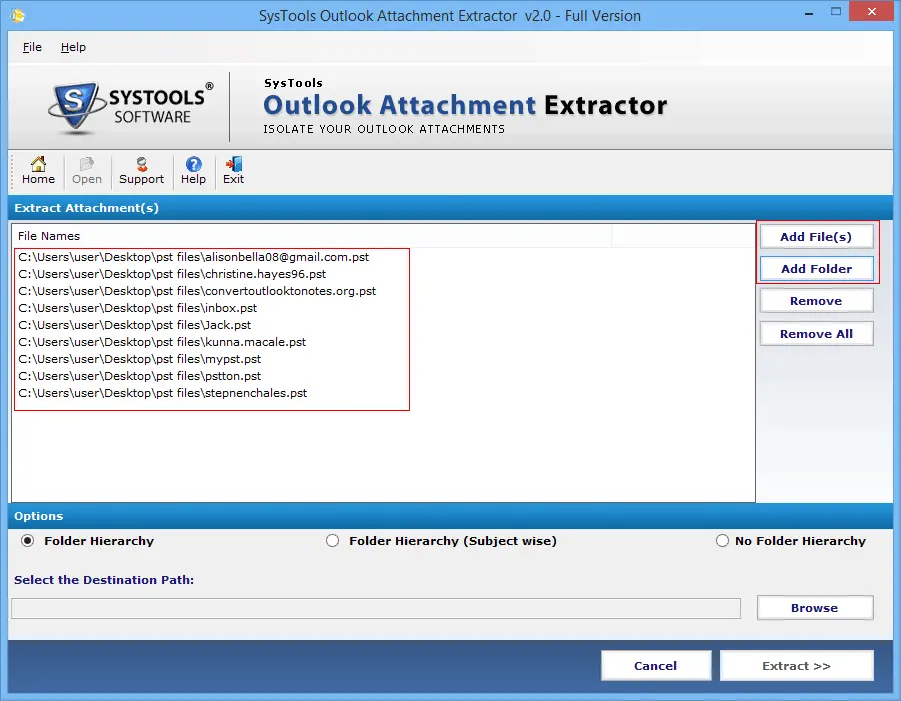 Select Outlook PST files for extracting