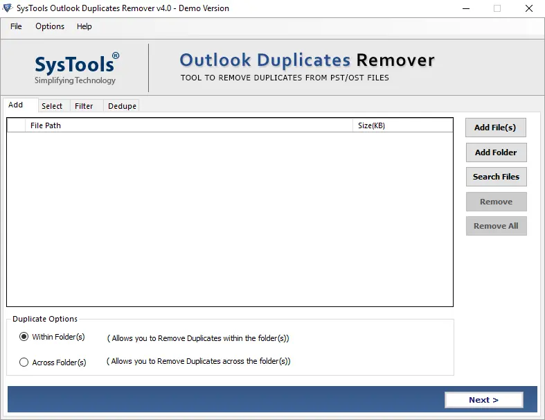 Outlook复制删除器 - 主页屏幕