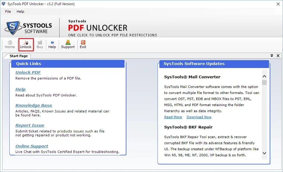 PDF Logiciel de déverrouillage - écrans d'accueil 