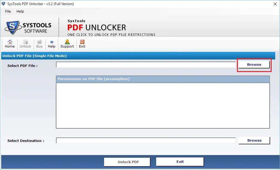 Browse and select PDF file for Unlocking
