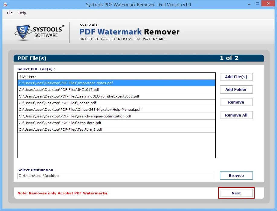 Select destination location to save removed watermark pdf file