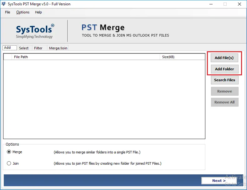 Outlook PST Fusionssoftware - Home-Bildschirme