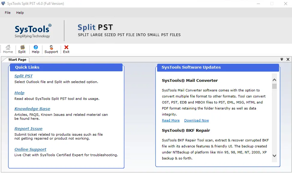 Split PST File Tool - Home Screens