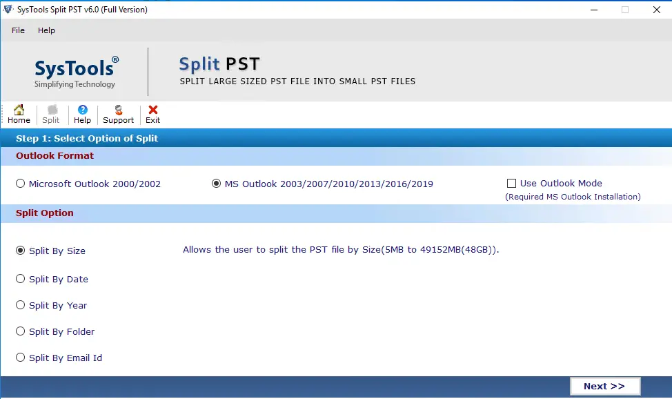 Select PST file to devide into multiple pst files
