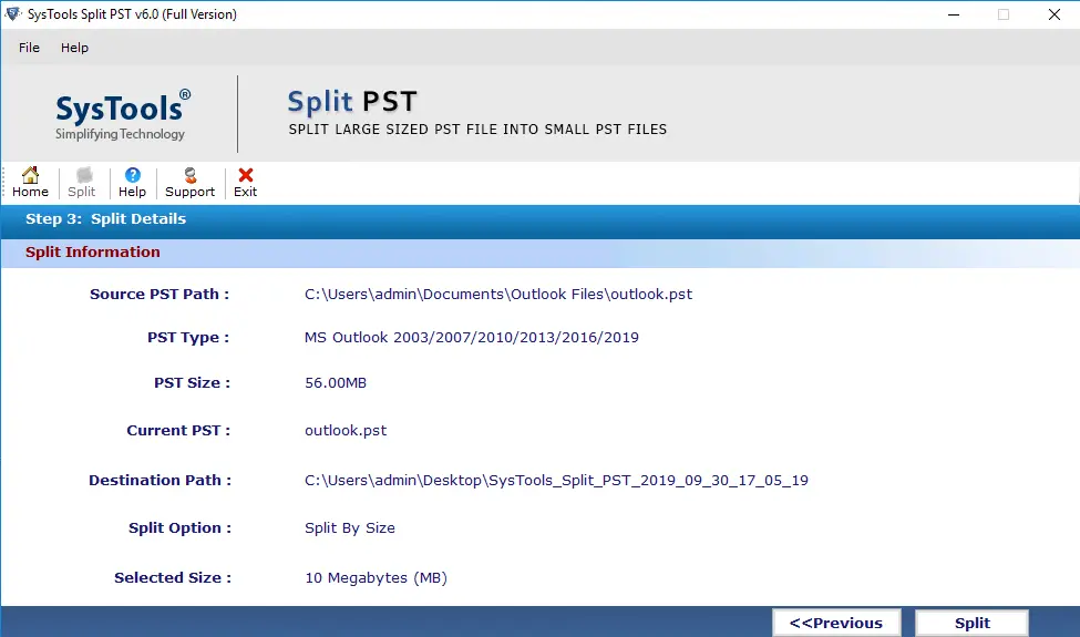 Wählen Sie den Zielort aus, um Split PST-Dateien zu speichern 