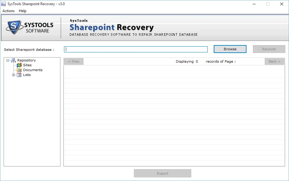 SharePoint Database Recovery - Home Screens