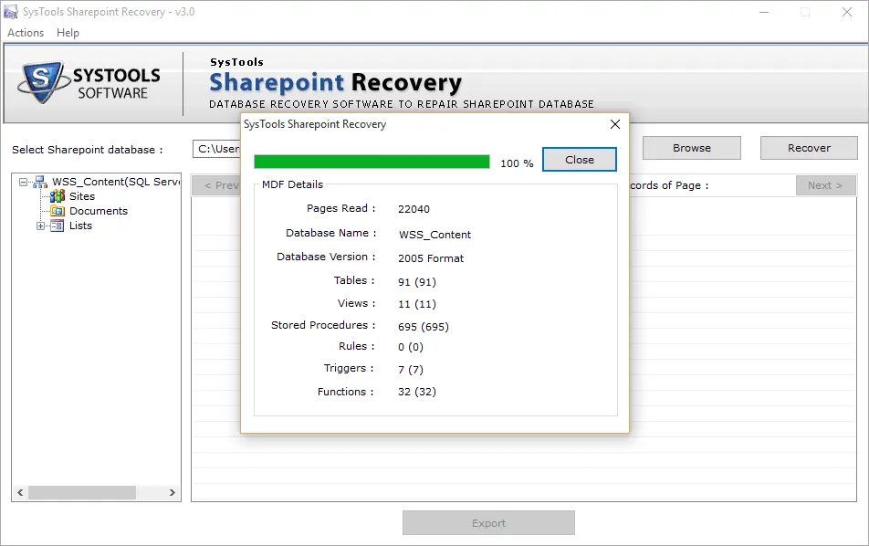 Sélectionnez le fichier de base de données SharePoint pour la réparation