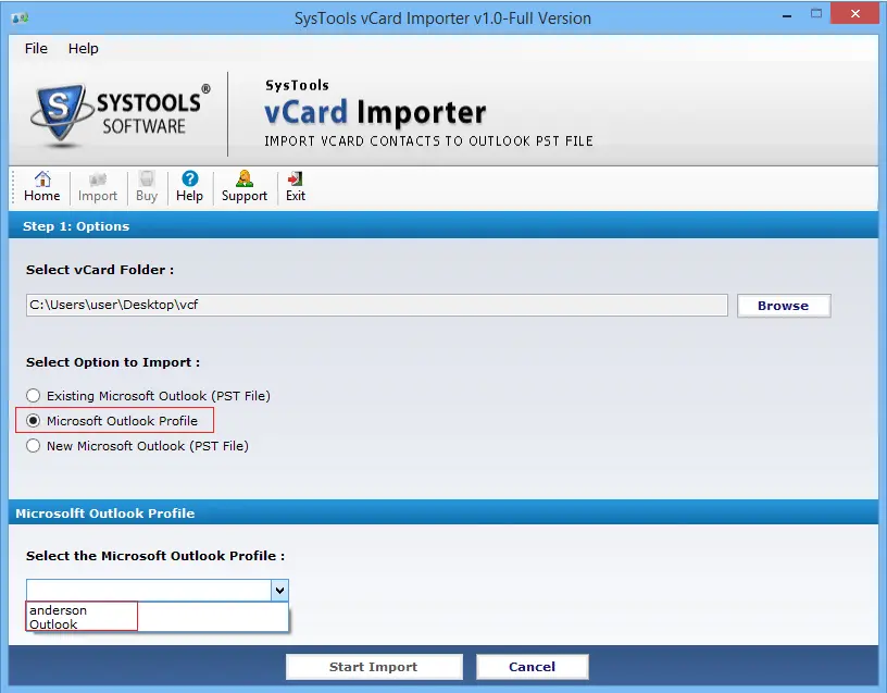 Selezionare Opzioni di importazione VCF: PST esistente, profilo Outlook o Nuovo PST