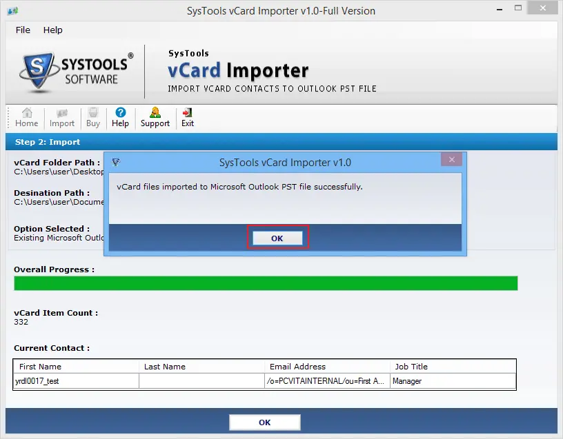 Successfully Imported vCard Files to Outlook PST