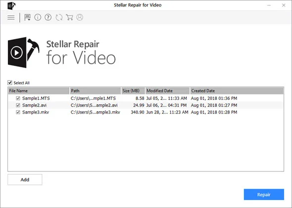 Seleziona file video per riparare i video
